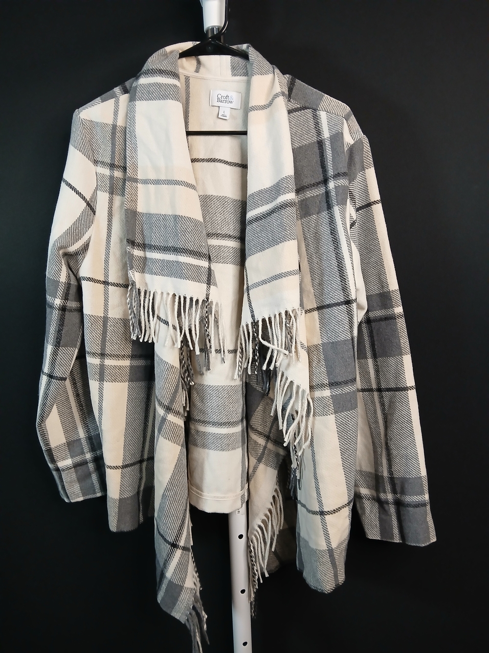 Croft & Barrow Cozy Plaid Open-Front Shawl Cardigan - Cream & Gray
